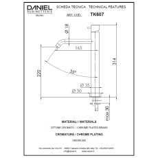Daniel Tokyo Bateria umywalkowa wysoka z korkiem typu click clak rysunek techniczny