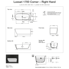 Victoria+Albert LUSSARI 1700 wanna narożna prawa biała QUARRYCAST™  Nowość LUS-N-RH-SW-NO rysunek techniczny