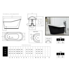 Bleu Provence Old Lavande wanna żeliwna wolnostająca biało czarna 154X76