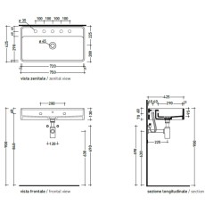Flaminia Miniwash washbasin countertop/wall hung 75 gold MW75SARG - technical drawing