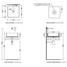 Flaminia Miniwash 40 umywalka nablatowa - wiszaca Azzurro polvere MWL40AP - rysunek techniczny