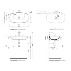 Flaminia Nudaslim 75 umywalka nablatowa lub wisząca cenere ND75LCEN - rysunek techniczny