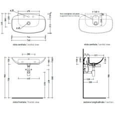 Flaminia Nudaslim 75 basin countertop/wall hung ND75PRPET petrolio - technical drawing
