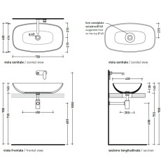 Flaminia Nudaslim 75 umywalka nablatowa ND75ACAR czarny mat  / Carbone - rysunek techniczny