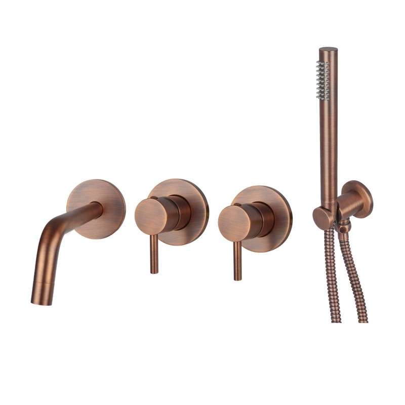 Paffoni Light bateria wannowa podtynkowa 4-otworowa z słuchawką i wężem 150mm, miedź szczotkowana