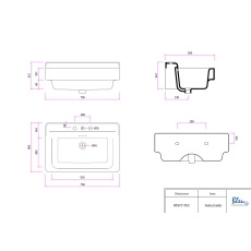 Bleu Provence INDUSTRIALIS 75 umywalka wisząca BP475 RYSUNEK TECHNICZNY